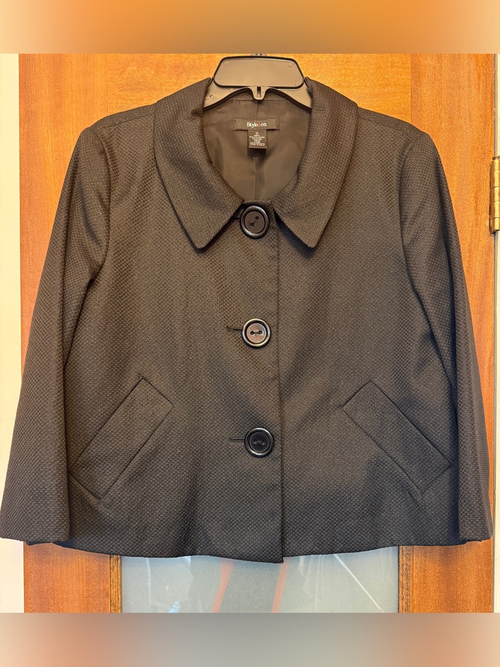 Style & Co Black Metallic Textured Lined Cropped Evening 3 Lge Button Jacket